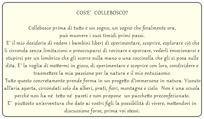  COS’E' COLLEBOSCO? Collebosco prima di tutto è un sogno, un sogno che finalmente ora, può muovere i suoi timidi primi passi. E’ il mio desiderio di vedere i bambini liberi di sperimentare, scoprire, esplorare ciò che li circonda senza limitazioni o preoccuparsi di rovinare e sporcare, vederli emozionarsi e stupirsi per un lombrico che gli scorre sulla mano o una coccinella che gli si posa sulle dita. E’ la voglia di mettermi in gioco, di sperimentare e scoprire con loro, condividere e trasmettere la mia passione per la natura e il mio entusiasmo. Tutto questo concretamente prende forma in un progetto d’immersone in natura. Vissuto all’aria aperta, circondati solo da alberi, prati, fiori, montagne e cielo. Non è una scuola perché non ha né tetto né pareti e non propone un pacchetto preconfezionato. E’ piuttosto un’avventura che date ai vostri figli la possibilità di vivere, mettendovi in discussione forse, prima voi stessi.