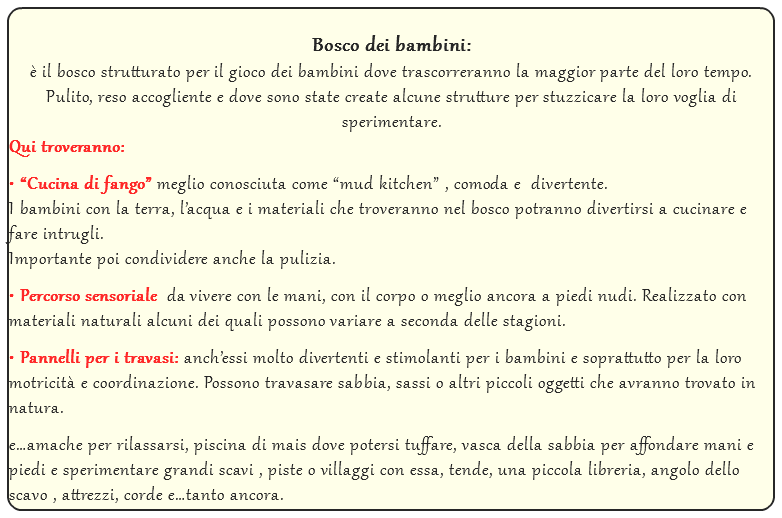  Bosco dei bambini: è il bosco strutturato per il gioco dei bambini dove trascorreranno la maggior parte del loro tempo. Pulito, reso accogliente e dove sono state create alcune strutture per stuzzicare la loro voglia di sperimentare. Qui troveranno: • “Cucina di fango” meglio conosciuta come “mud kitchen” , comoda e divertente. I bambini con la terra, l’acqua e i materiali che troveranno nel bosco potranno divertirsi a cucinare e fare intrugli. Importante poi condividere anche la pulizia. • Percorso sensoriale da vivere con le mani, con il corpo o meglio ancora a piedi nudi. Realizzato con materiali naturali alcuni dei quali possono variare a seconda delle stagioni. • Pannelli per i travasi: anch’essi molto divertenti e stimolanti per i bambini e soprattutto per la loro motricità e coordinazione. Possono travasare sabbia, sassi o altri piccoli oggetti che avranno trovato in natura. e…amache per rilassarsi, piscina di mais dove potersi tuffare, vasca della sabbia per affondare mani e piedi e sperimentare grandi scavi , piste o villaggi con essa, tende, una piccola libreria, angolo dello scavo , attrezzi, corde e…tanto ancora.