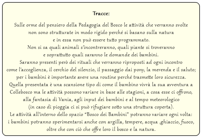  Tracce: Sulle orme del pensiero della Pedagogia del Bosco le attività che verranno svolte non sono strutturate in modo rigido perché si basano sulla natura e in essa non può essere tutto programmato. Non si sa quali animali s’incontreranno, quali piante si troveranno e soprattutto quali saranno le domande dei bambini. Saranno presenti però dei rituali che verranno riproposti ad ogni incontro come l’accoglienza, il cerchio del silenzio, il passaggio dai pony, la merenda e il saluto; per i bambini è importante avere una routine perché trasmette loro sicurezza. Quella presentata è una scansione tipo di come il bambino vivrà la sua avventura a Collebosco ma le attività possono variare in base alle stagioni, a cosa esse ci offrono, alla fantasia di Vania, agli input dei bambini e al tempo meteorologico (in caso di pioggia ci si può rifugiare sotto una struttura coperta). Le attività all’interno dello spazio “Bosco dei Bambini” potranno variare ogni volta: i bambini potranno sperimentarsi anche con argilla, tempere, acqua ,ghiaccio, fuoco, oltre che con ciò che offre loro il bosco e la natura. 