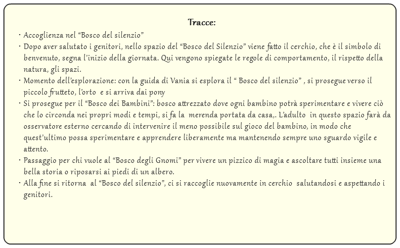  Tracce: Accoglienza nel “Bosco del silenzio” Dopo aver salutato i genitori, nello spazio del “Bosco del Silenzio” viene fatto il cerchio, che è il simbolo di benvenuto, segna l’inizio della giornata. Qui vengono spiegate le regole di comportamento, il rispetto della natura, gli spazi. Momento dell’esplorazione: con la guida di Vania si esplora il “ Bosco del silenzio” , si prosegue verso il piccolo frutteto, l’orto e si arriva dai pony Si prosegue per il “Bosco dei Bambini”: bosco attrezzato dove ogni bambino potrà sperimentare e vivere ciò che lo circonda nei propri modi e tempi, si fa la merenda portata da casa,. L’adulto in questo spazio farà da osservatore esterno cercando di intervenire il meno possibile sul gioco del bambino, in modo che quest’ultimo possa sperimentare e apprendere liberamente ma mantenendo sempre uno sguardo vigile e attento. Passaggio per chi vuole al “Bosco degli Gnomi” per vivere un pizzico di magia e ascoltare tutti insieme una bella storia o riposarsi ai piedi di un albero. Alla fine si ritorna al “Bosco del silenzio”, ci si raccoglie nuovamente in cerchio salutandosi e aspettando i genitori.